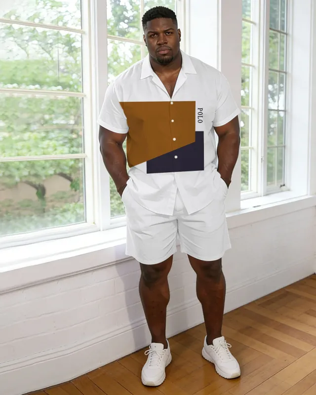 Plus-size Men’s White Contrast-color Short-sleeve Shirt And Pants Set made by Biggmans