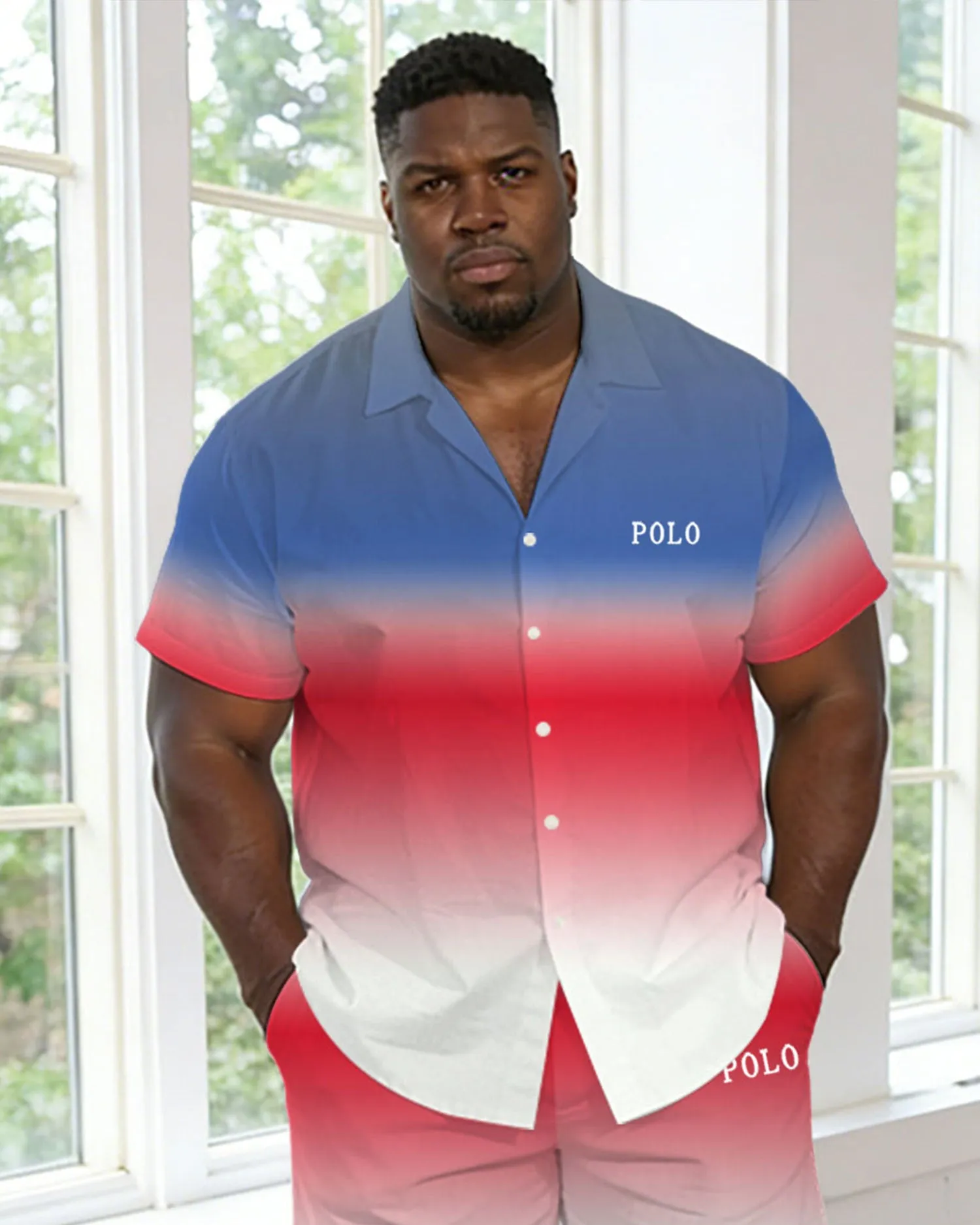 Men's Plus Size Pink & Blue & White Gradient Shirt Pants Set sold by Biggmans product image thumbnail 2