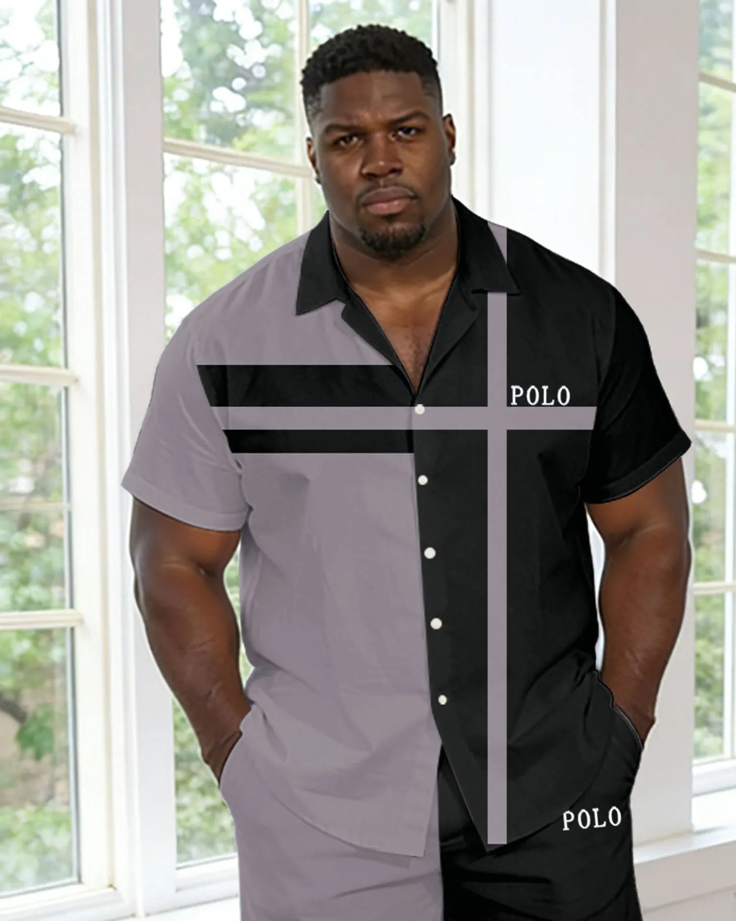 Men's Plus Size Black & Grey Contrast Short Sleeve Shirt Pants Set sold by Biggmans product image thumbnail 2