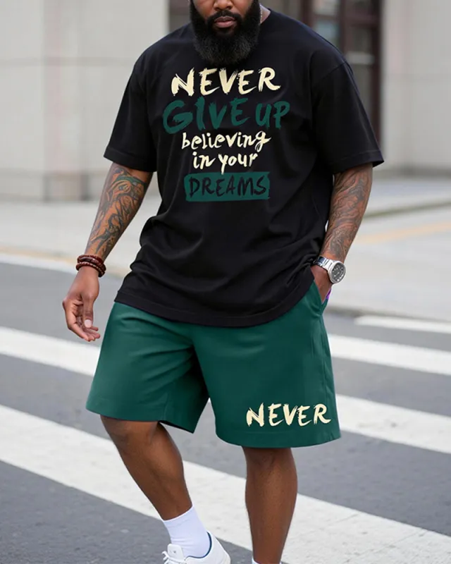 Big & Tall Men's "never Give Up" Inspirational Printed Crew Neck Short Sleeve T-shirt Shorts Set made by Biggmans
