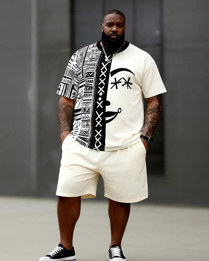 Big & Tall Men’s Patchwork Abstract Face Ethnic-Style Printed Crewneck Short-Sleeve T-Shirt And Shorts Set sold by Biggmans