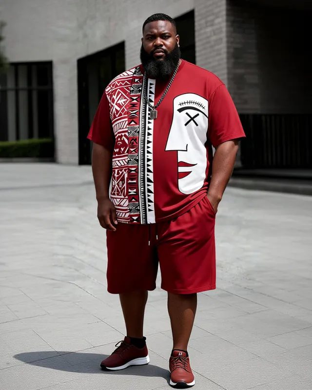 Big & Tall Men's Stitching Side Face Abstract Ethnic Style Printing Crewneck Short Sleeve T-shirt Shorts Set made by Biggmans