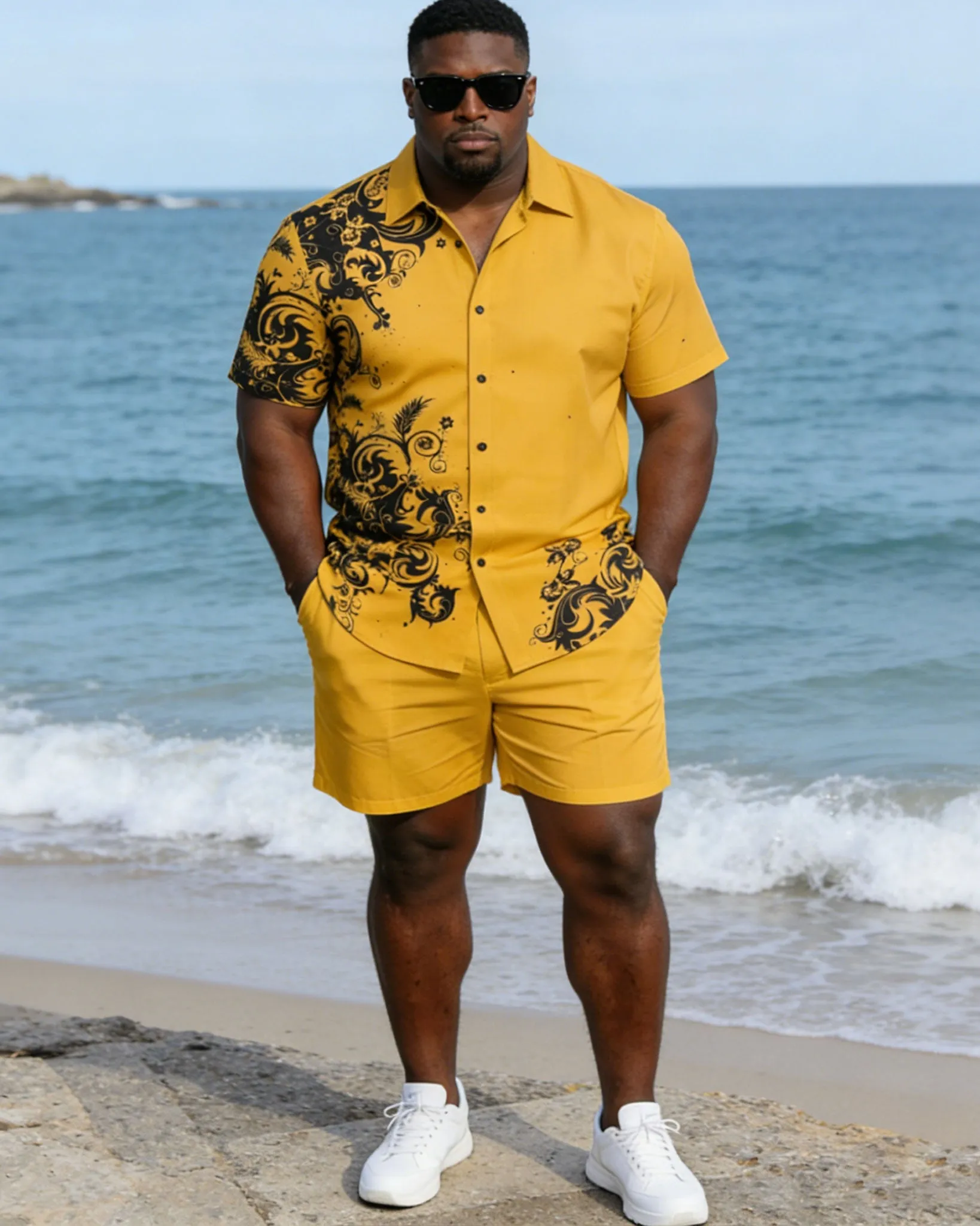 Large Size Men's Yellow Baroque Style Holiday Short Sleeve Shirt Shorts Set sold by Biggmans