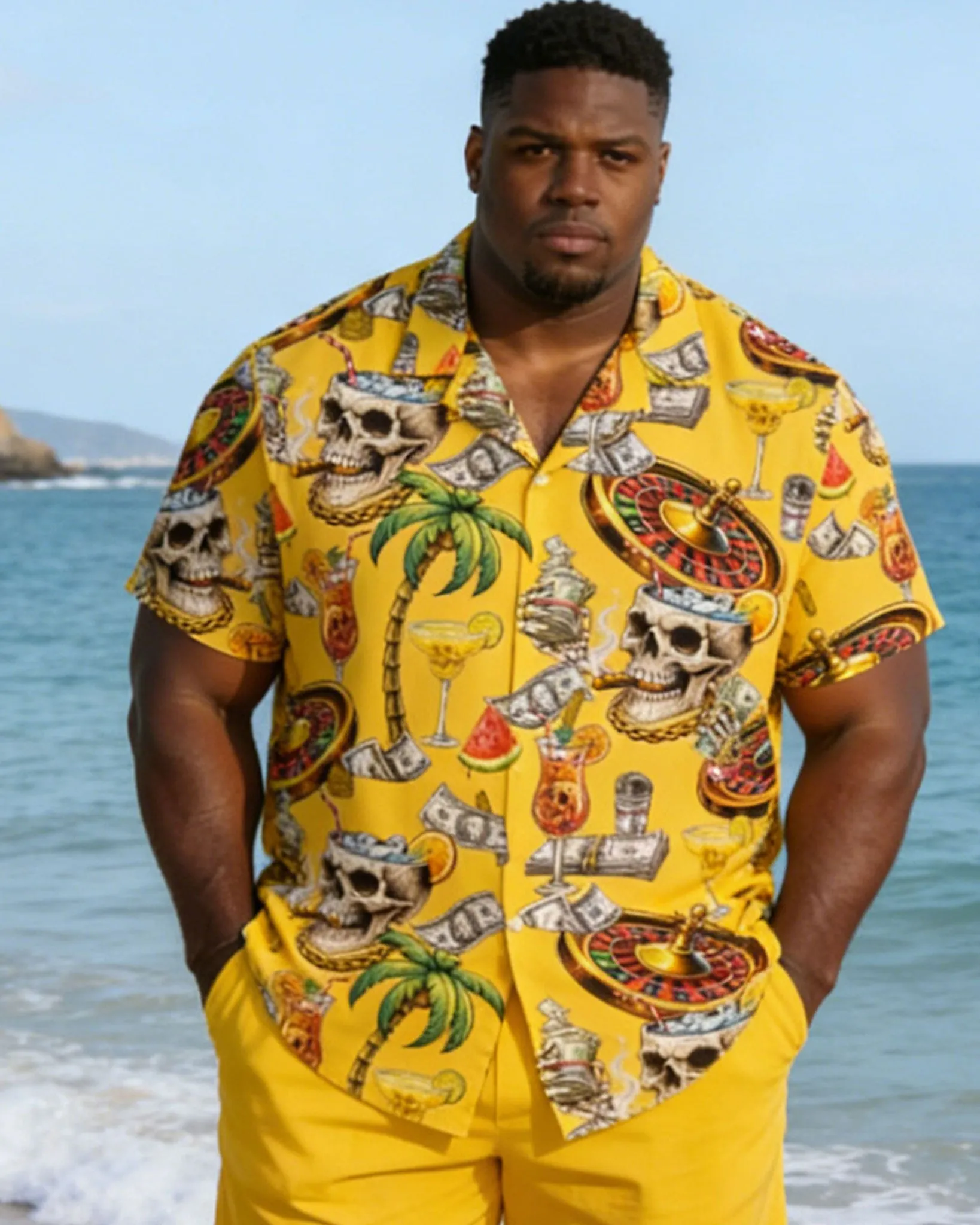 Plus Size Men's Yellow Carnival Party Vacation Skull Hawaiian Print Short Sleeve Shirt Shorts Set sold by Biggmans product image thumbnail 2