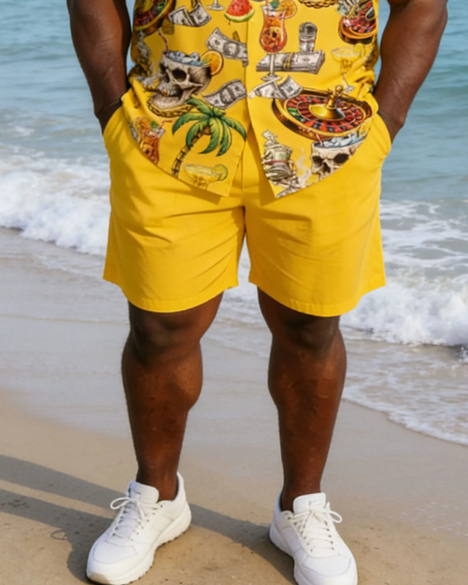 Plus Size Men's Yellow Carnival Party Vacation Skull Hawaiian Print Short Sleeve Shirt Shorts Set sold by Biggmans product image thumbnail 3