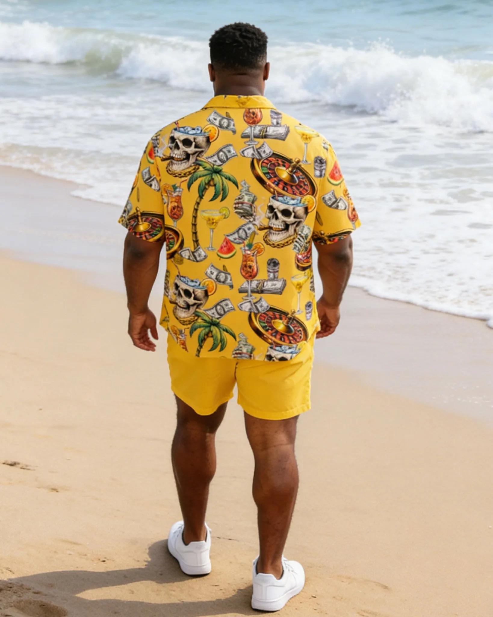Plus Size Men's Yellow Carnival Party Vacation Skull Hawaiian Print Short Sleeve Shirt Shorts Set sold by Biggmans product image thumbnail 4
