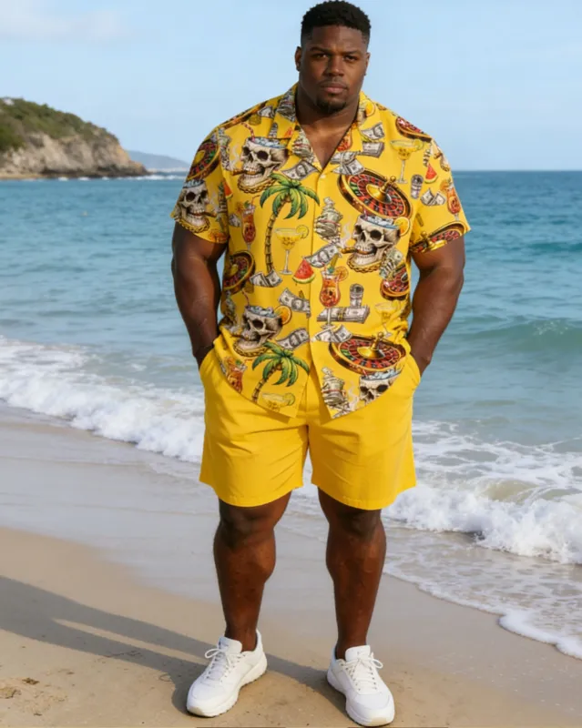 Plus Size Men's Yellow Carnival Party Vacation Skull Hawaiian Print Short Sleeve Shirt Shorts Set made by Biggmans