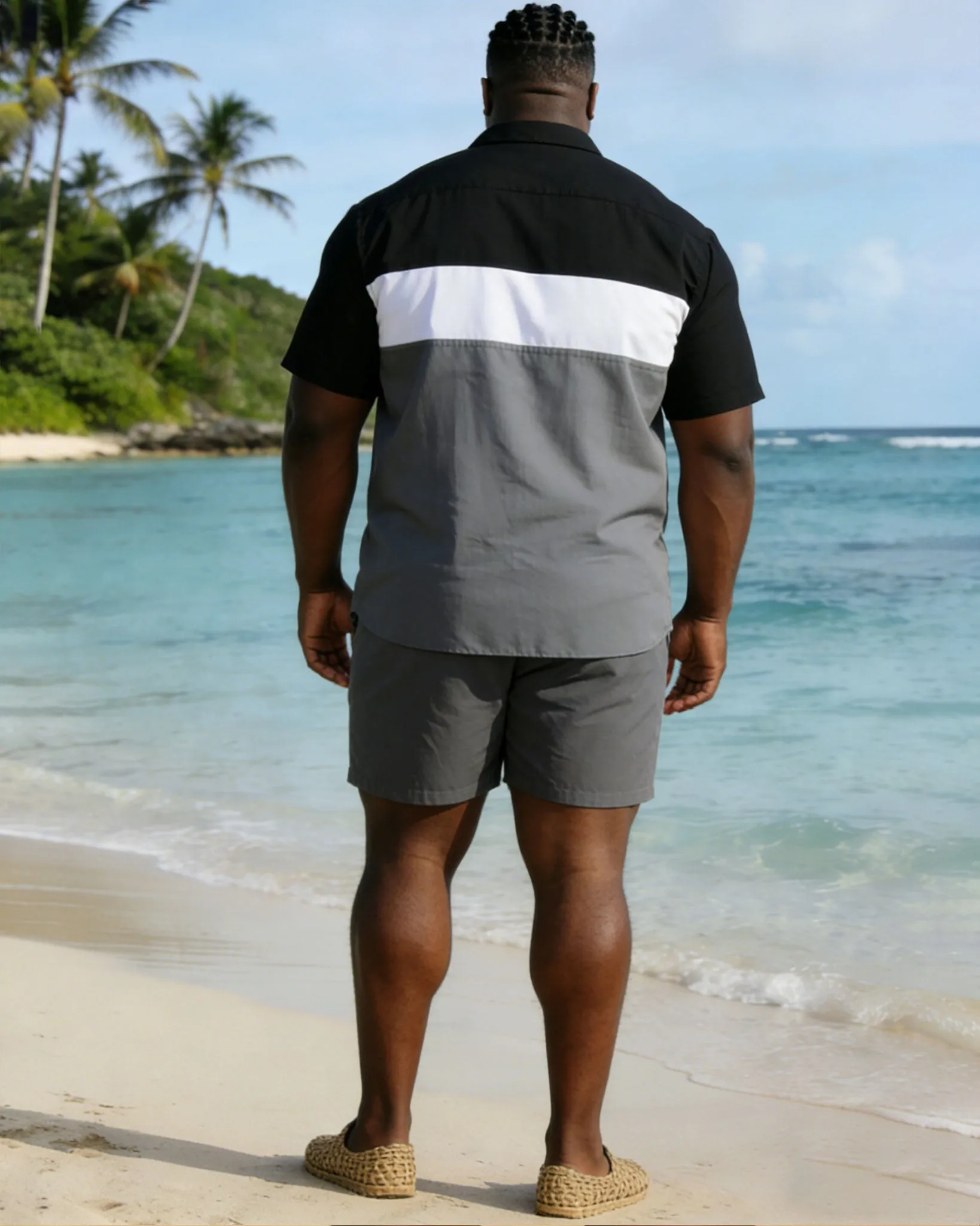 Men's Plus Size Black & White & Grey Simple Patchwork Printed Short Sleeve Shirt And Shorts Set sold by Biggmans product image thumbnail 4