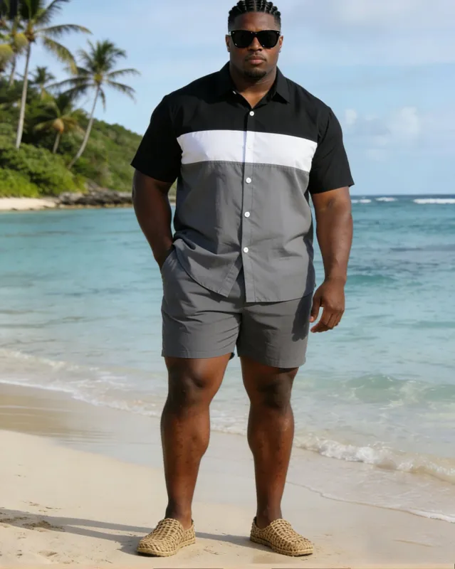 Men's Plus Size Black & White & Grey Simple Patchwork Printed Short Sleeve Shirt And Shorts Set made by Biggmans