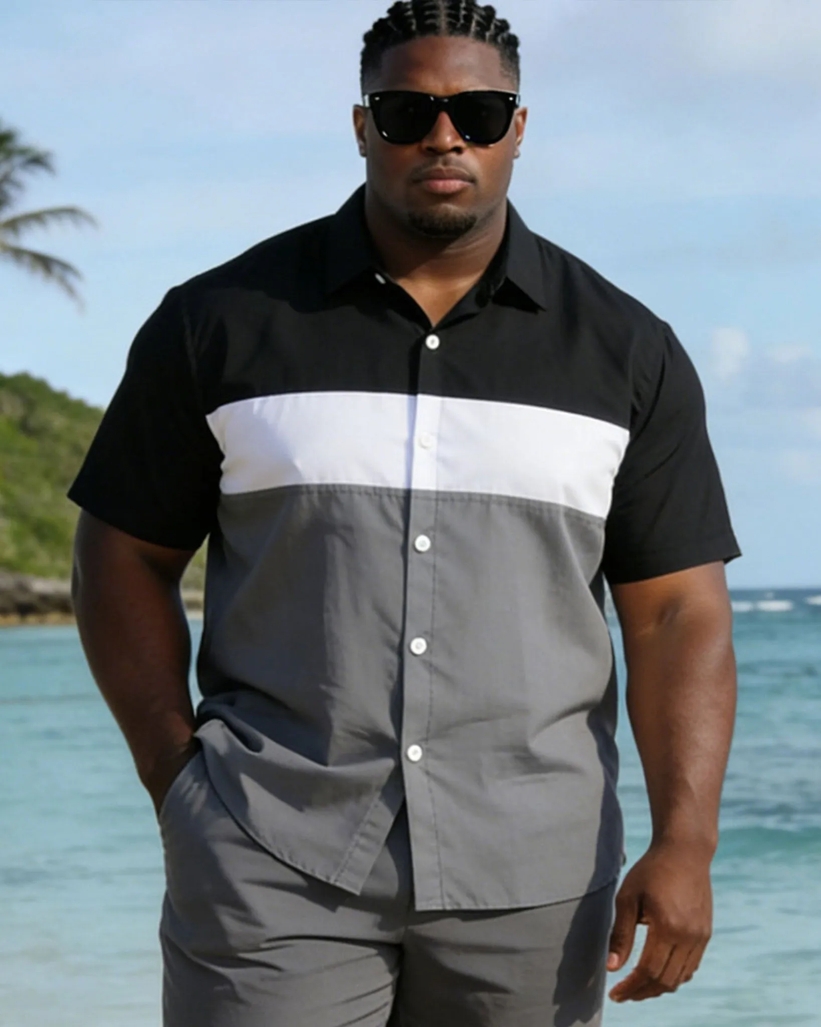 Men's Plus Size Black & White & Grey Simple Patchwork Printed Short Sleeve Shirt And Shorts Set sold by Biggmans product image thumbnail 2