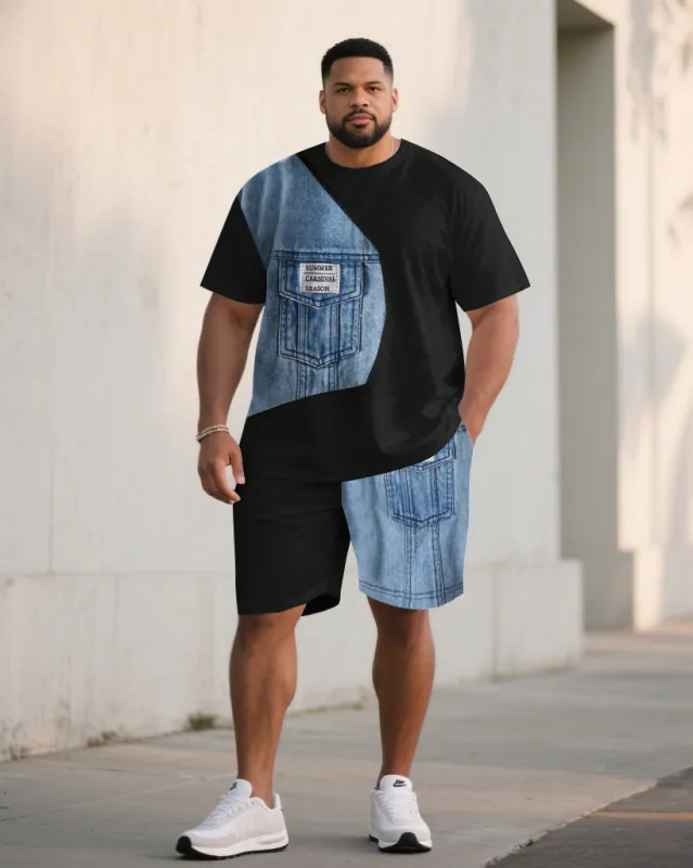 Men's Plus Size Denim Patchwork Letter Printed Short-Sleeved T-Shirt Shorts Set made by Biggmans