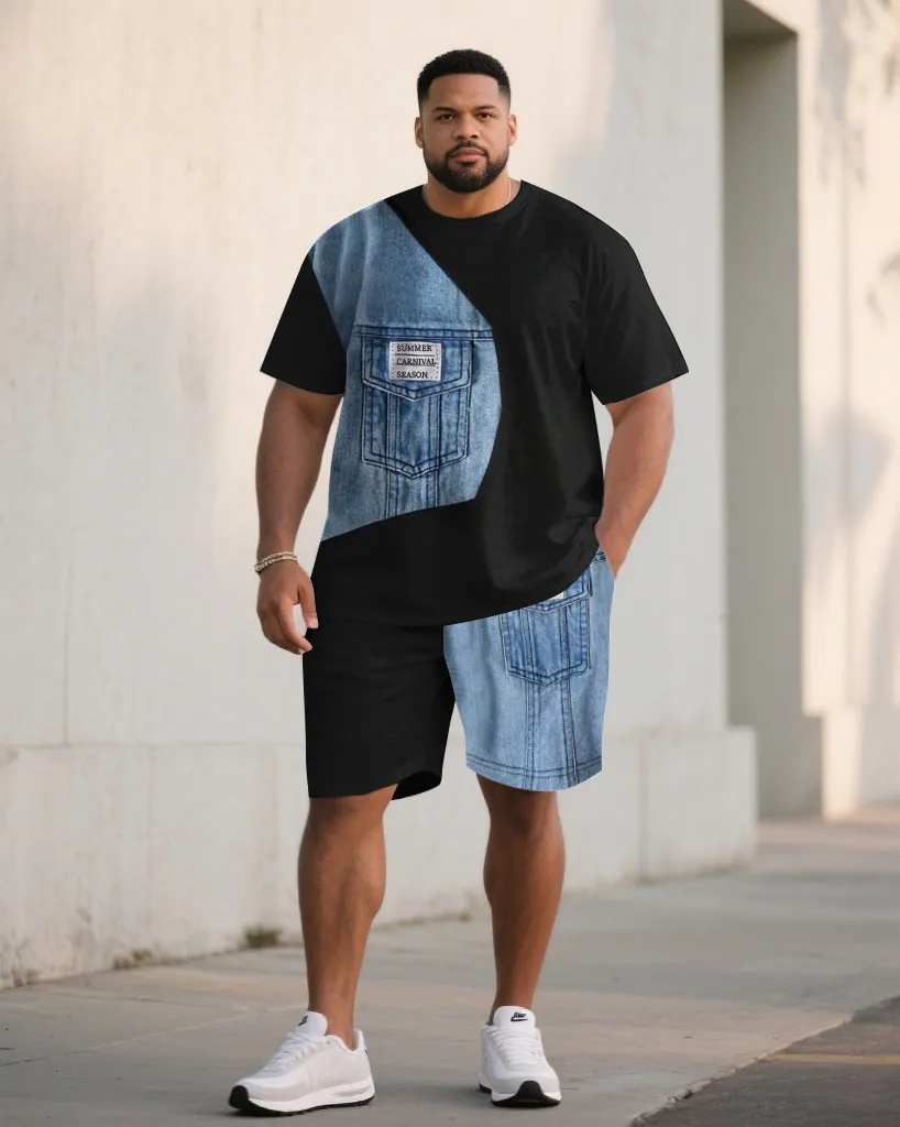 Men's Plus Size Denim Patchwork Letter Printed Short-Sleeved T-Shirt Shorts Set sold by Biggmans