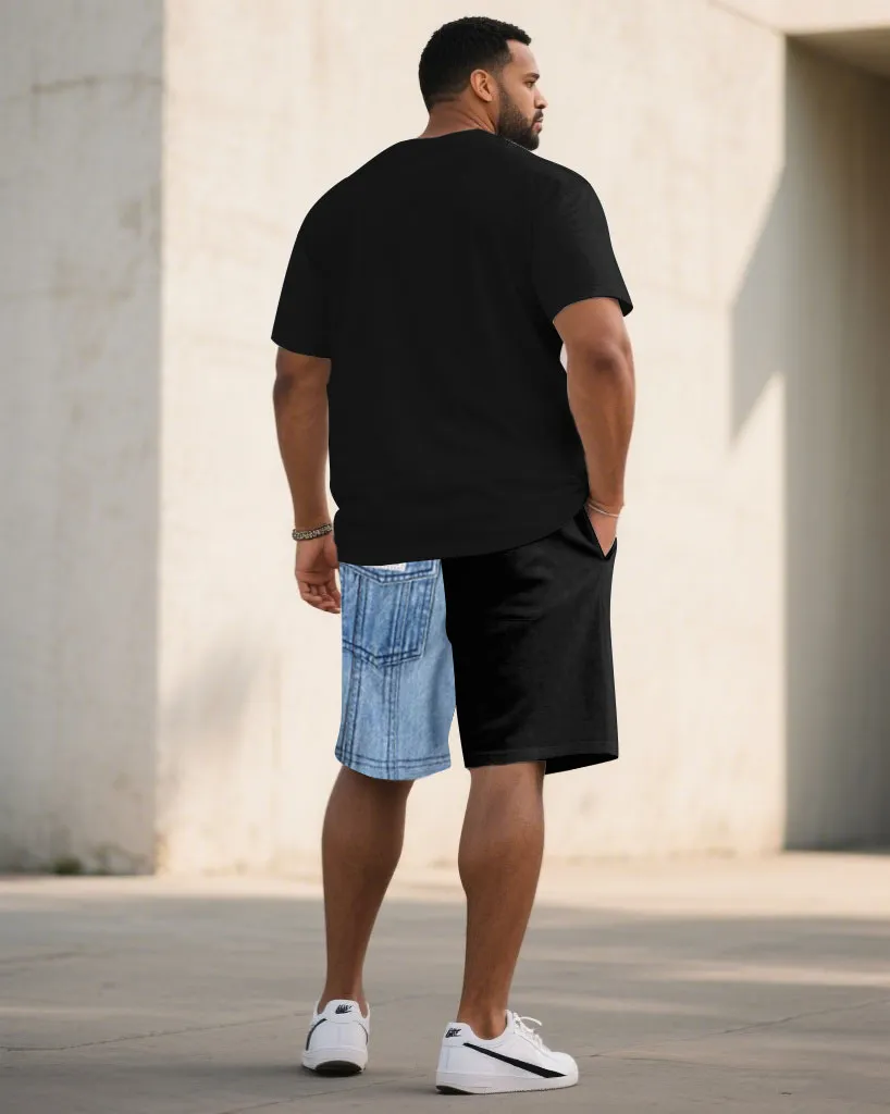 Men's Plus Size Denim Patchwork Letter Printed Short-Sleeved T-Shirt Shorts Set sold by Biggmans product image thumbnail 4