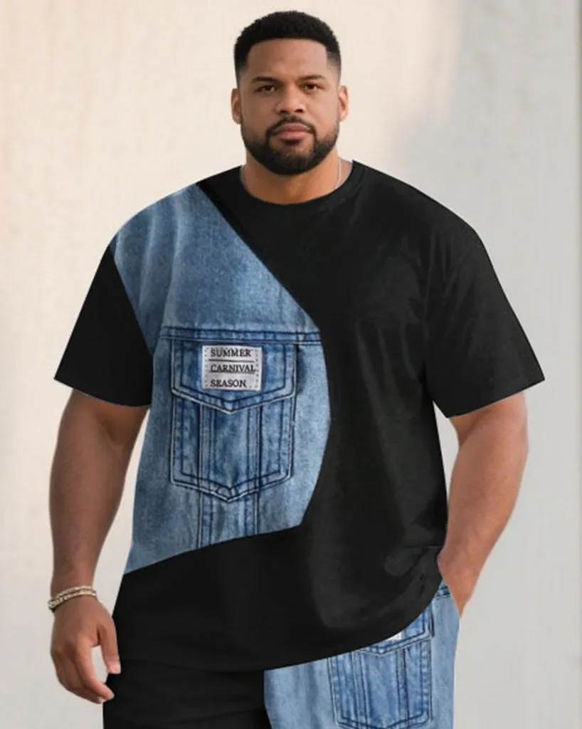Men's Plus Size Denim Patchwork Letter Printed Short-Sleeved T-Shirt Shorts Set sold by Biggmans product image thumbnail 2