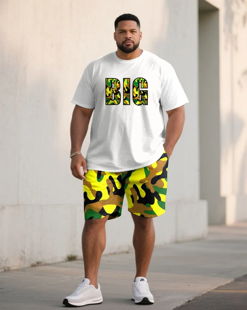 Large Size Men's Camouflage "BIG" Slogan Print Short Sleeve T-shirt Shorts Set sold by Biggmans