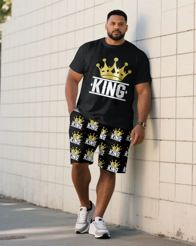 Large Size Men's "KING" King Crown Pattern Printed Short Sleeve T-shirt Shorts Set made by Biggmans