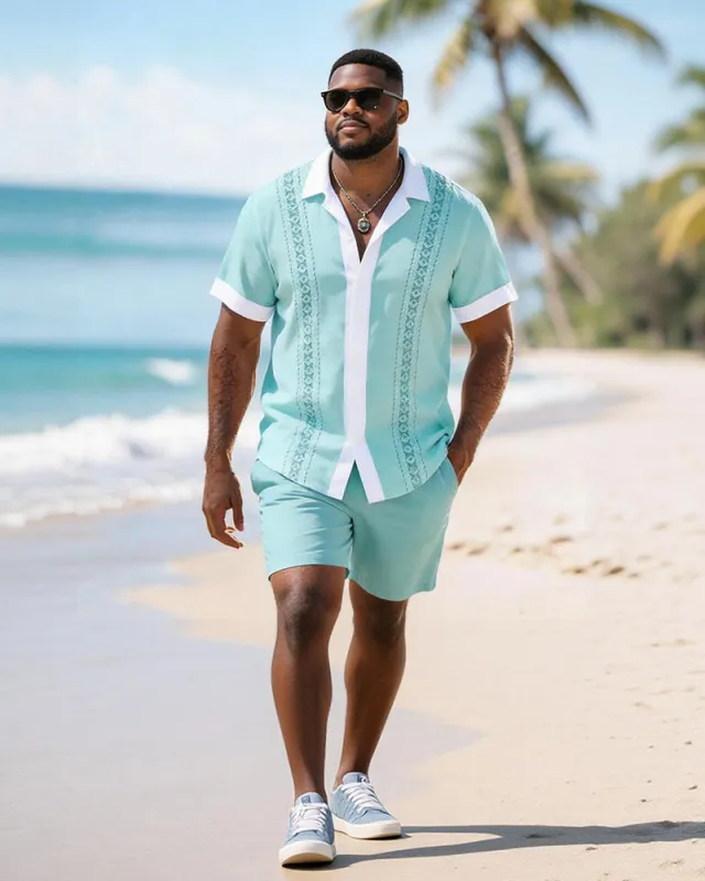 Big & Tall Men's White Edge Geometric Print Short Sleeve Shirt Shorts Set made by Biggmans