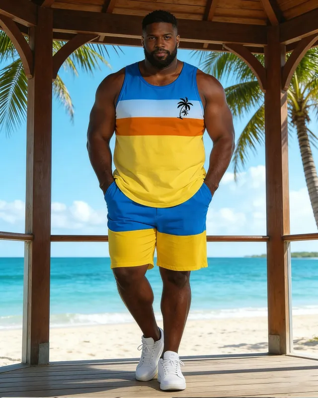 Hawaii Vacation Contrast Stitching Vest Shorts Set Large Size Men made by Biggmans