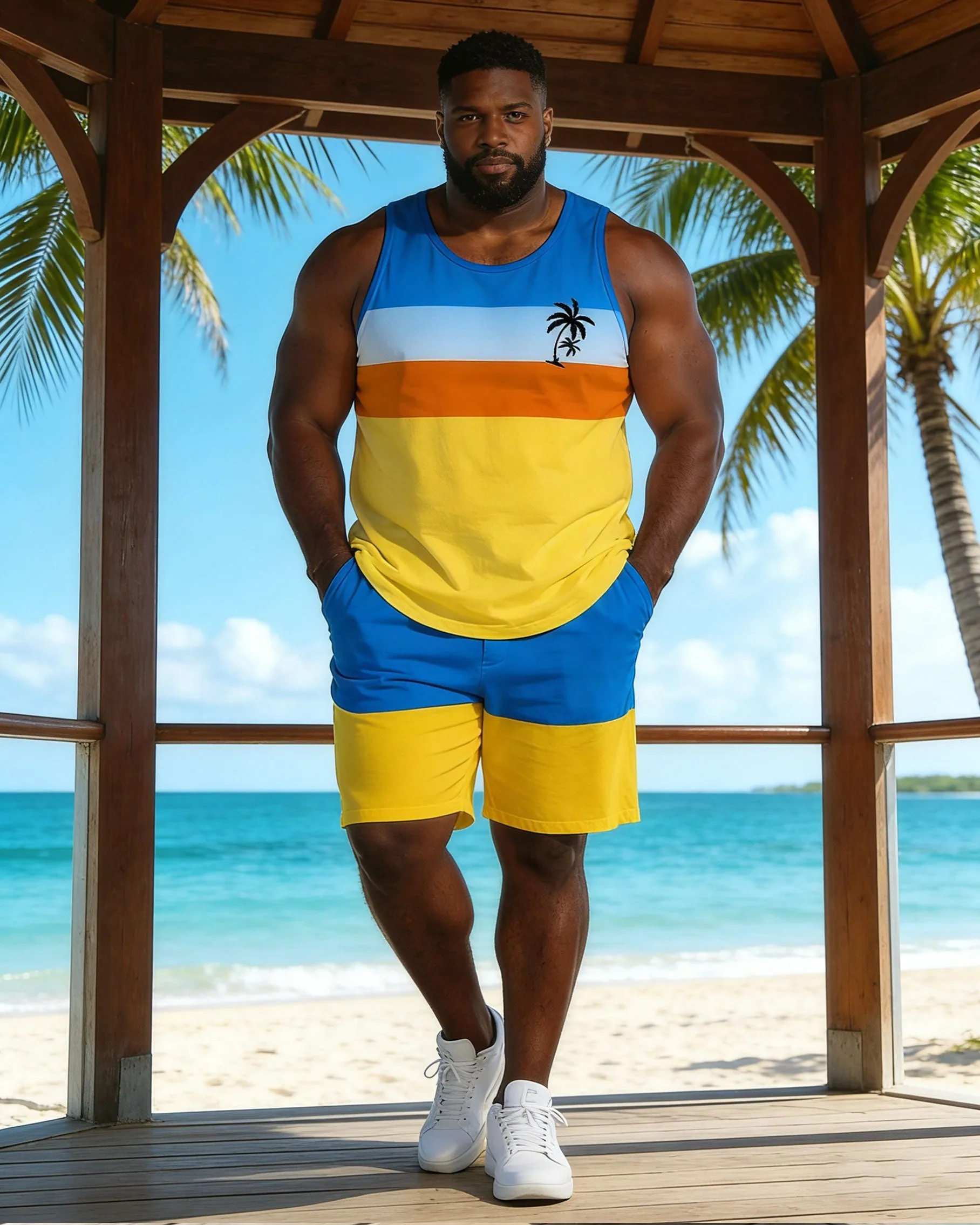 Hawaii Vacation Contrast Stitching Vest Shorts Set Large Size Men sold by Biggmans