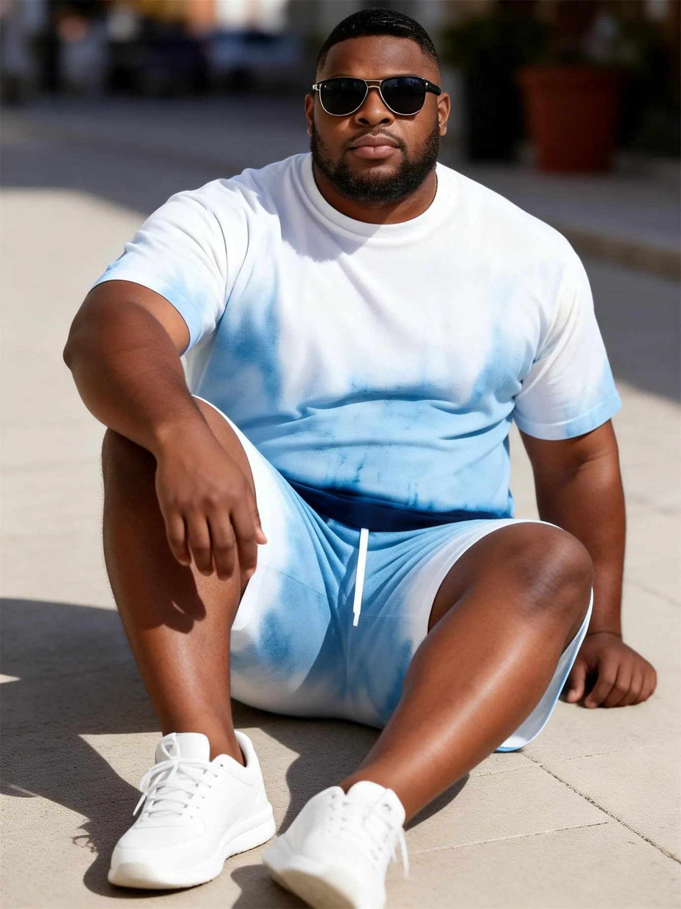 Big & Tall Men's Blue And White Gradient Tie-dye Printed Round Neck Short Sleeve T-shirt Shorts Set sold by Biggmans product image thumbnail 2
