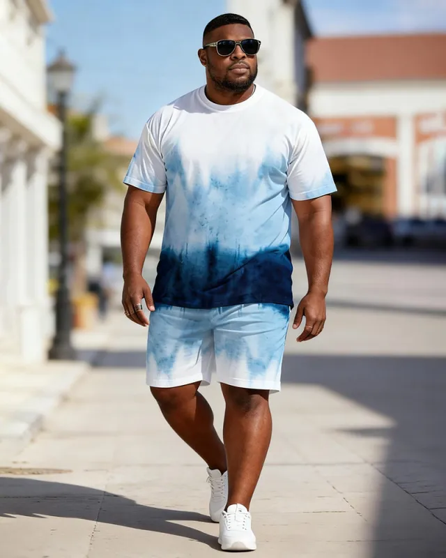 Big & Tall Men's Blue And White Gradient Tie-dye Printed Round Neck Short Sleeve T-shirt Shorts Set made by Biggmans