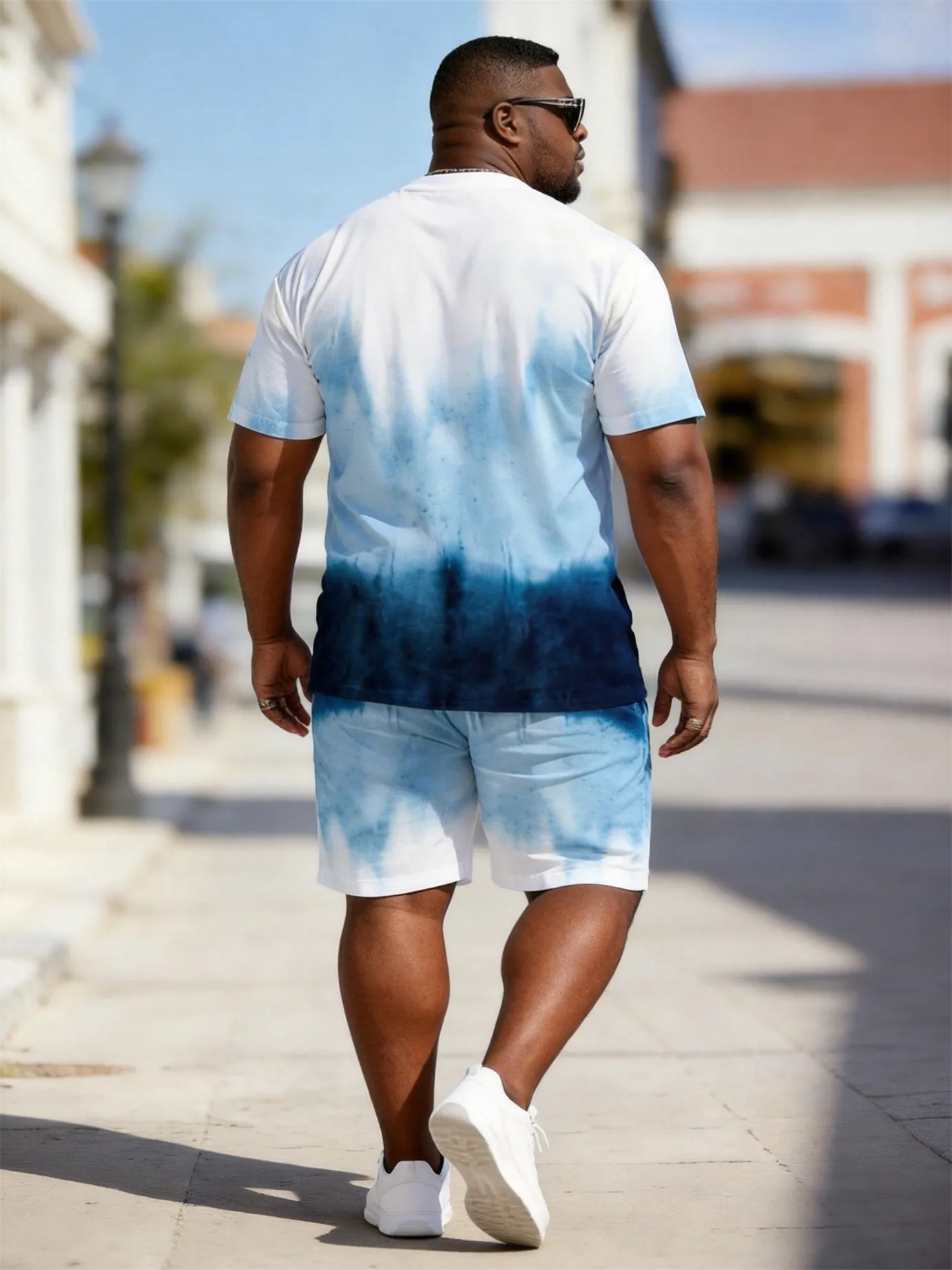 Big & Tall Men's Blue And White Gradient Tie-dye Printed Round Neck Short Sleeve T-shirt Shorts Set sold by Biggmans product image thumbnail 3