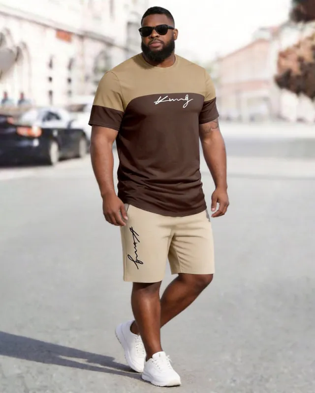Big & Tall Men's Khaki Brown Color Block King Printed Round Neck Short Sleeve T-shirt Shorts Set made by Biggmans