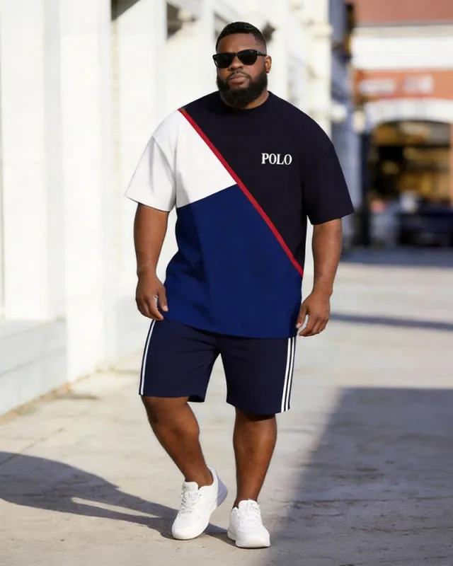 Big & Tall Men's Navy Red And White Color Matching Letter Printed Round Neck Short Sleeve T-shirt Shorts Set made by Biggmans