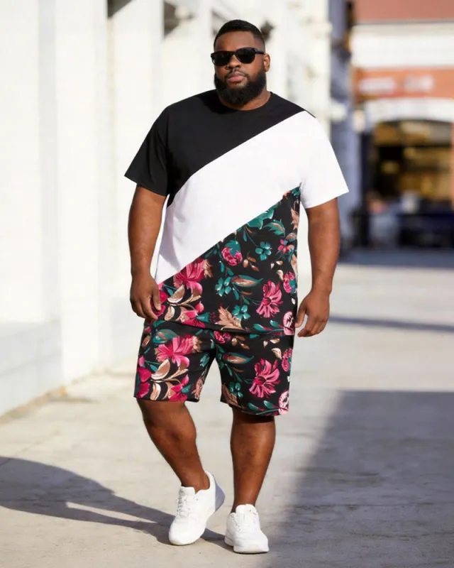 Big & Tall Men's Black And White Oblique Floral Printed Round Neck Short Sleeve T-shirt Shorts Set made by Biggmans
