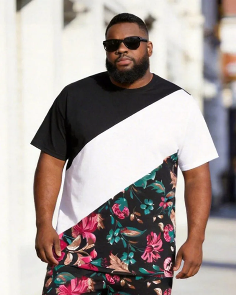 Big & Tall Men's Black And White Oblique Floral Printed Round Neck Short Sleeve T-shirt Shorts Set sold by Biggmans product image thumbnail 4