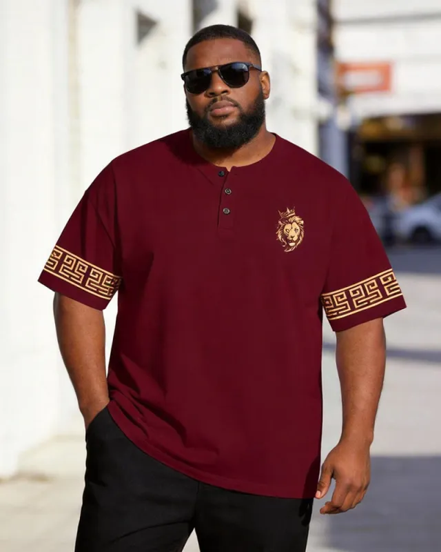 Big & Tall Men's Wine Red Lion Totem Ruffled Print Henry Collar Button Short Sleeve T-shirt made by Biggmans