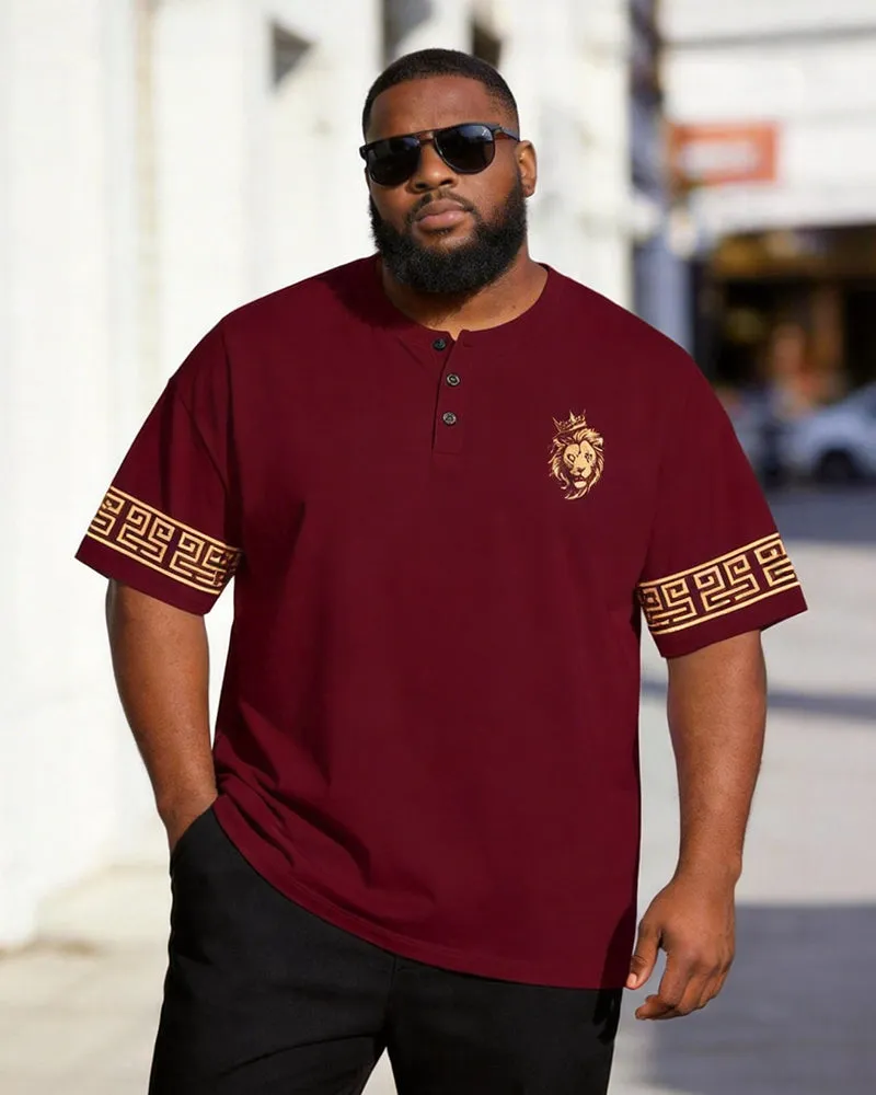 Big & Tall Men's Wine Red Lion Totem Ruffled Print Henry Collar Button Short Sleeve T-shirt sold by Biggmans