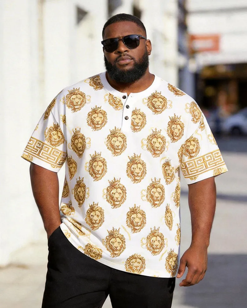 Big & Tall Men's White Gold Lion Print Henry Collar Button Short Sleeve T-Shirt sold by Biggmans