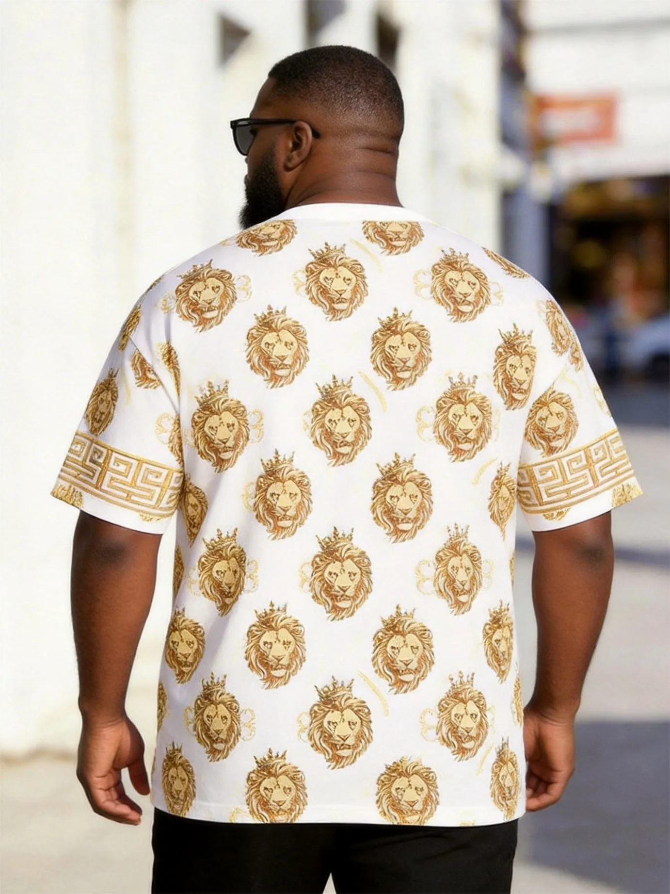 Big & Tall Men's White Gold Lion Print Henry Collar Button Short Sleeve T-Shirt sold by Biggmans product image thumbnail 2