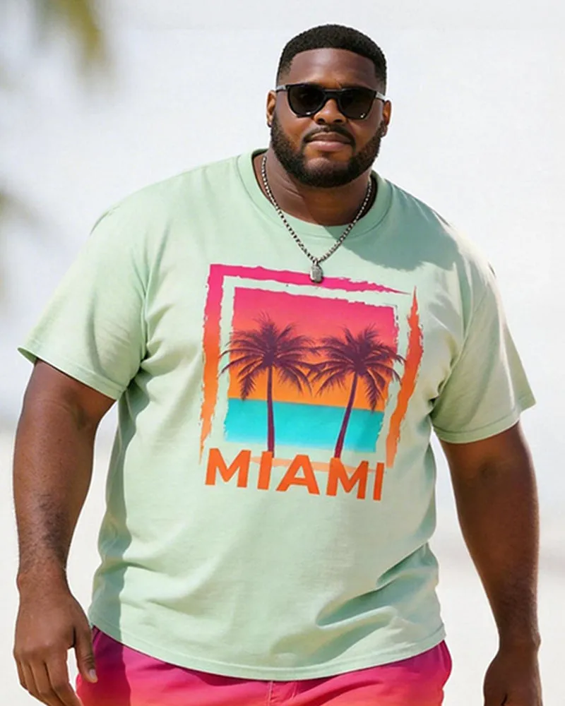 Big & Tall Men's MIAMI Double Coconut Tree Gradient Print Round Neck Short Sleeve T-Shirt Shorts Set sold by Biggmans product image thumbnail 2