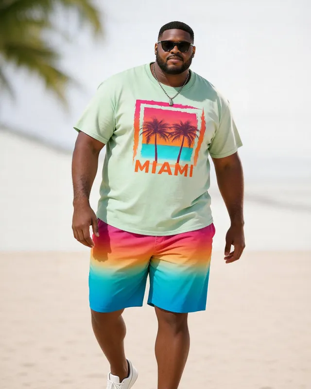 Big & Tall Men's MIAMI Double Coconut Tree Gradient Print Round Neck Short Sleeve T-Shirt Shorts Set made by Biggmans