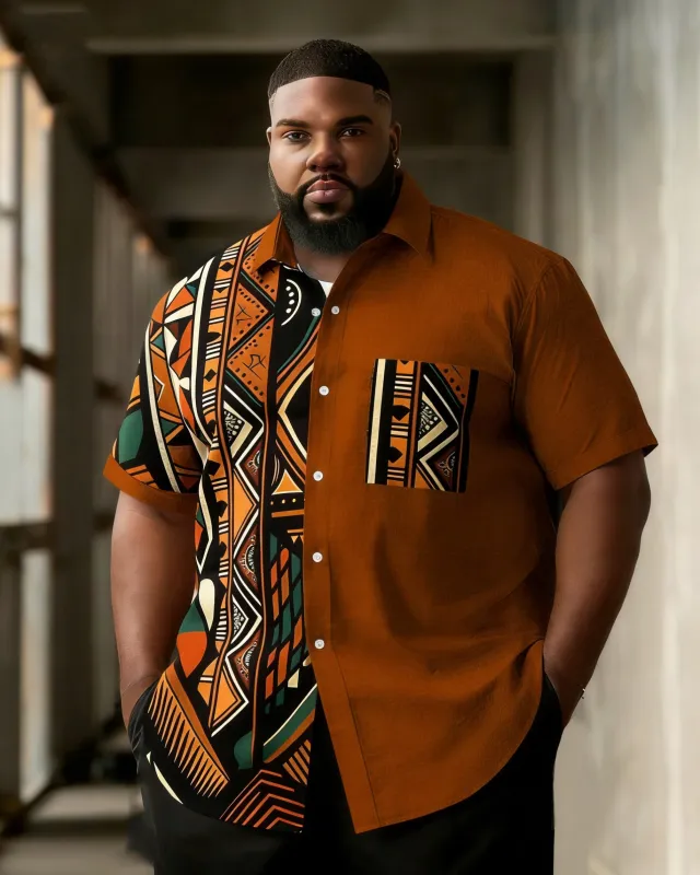 Big & Tall Men's Geometric Totem Splicing Printed Short Sleeve Shirt made by Biggmans