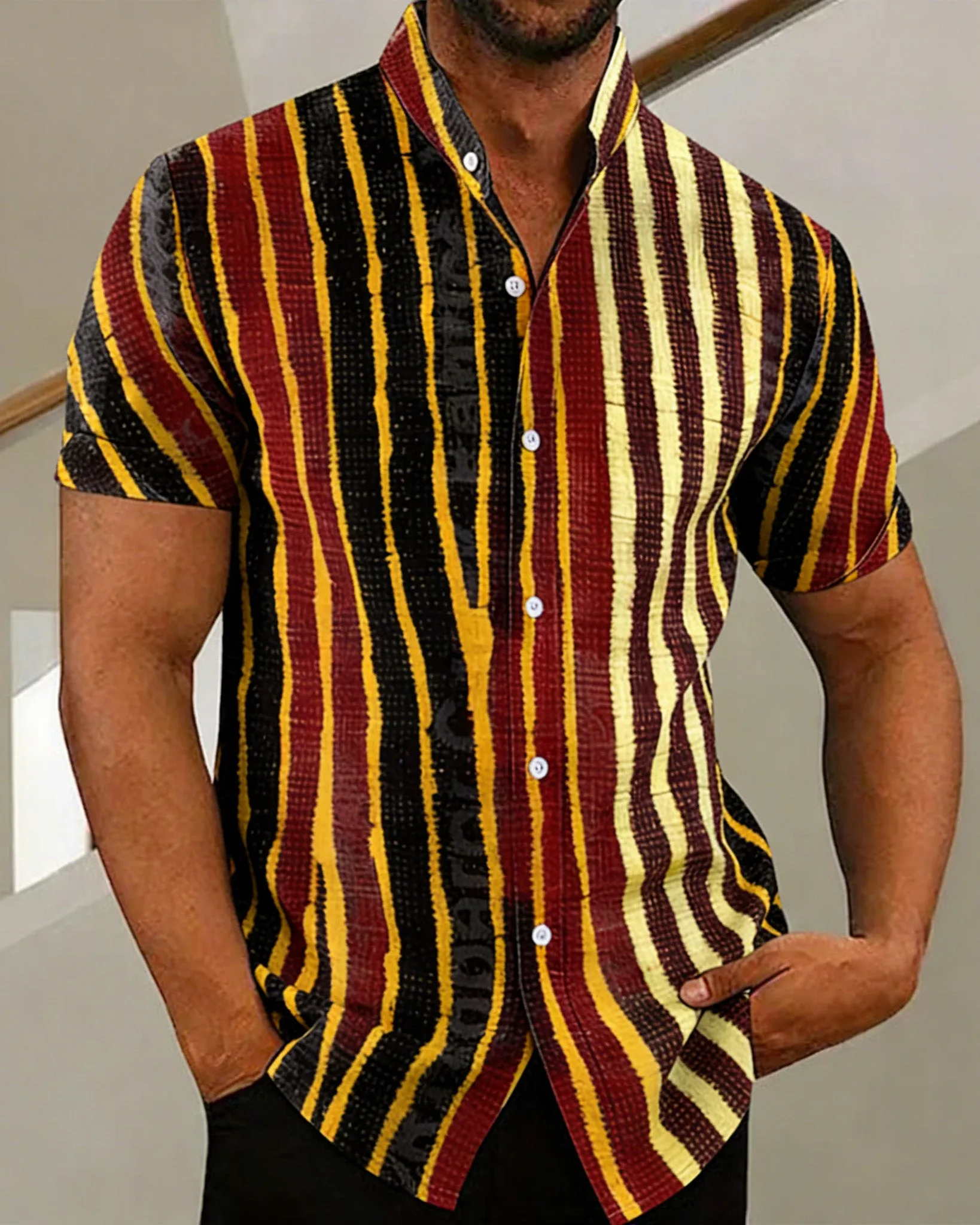 Big & Tall Men's Retro Color-blocked Stripes Print Henry Collar Short Sleeve Shirt sold by Biggmans