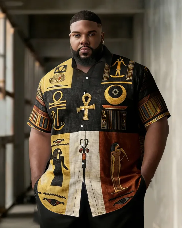 Big & Tall Men's Ancient Egyptian Totem Printing Short Sleeve Shirt made by Biggmans