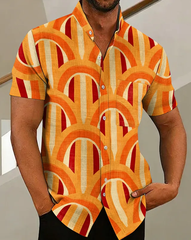 Big & Tall Men's Color-blocked Wave Geometry Print Henry Collar Short Sleeve Shirt made by Biggmans