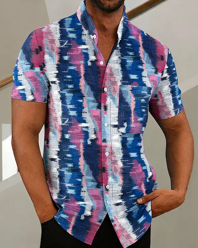 Big & Tall Men's Contrasting Colors and Irregular Textures Print Henry Collar Short Sleeve Shirt made by Biggmans