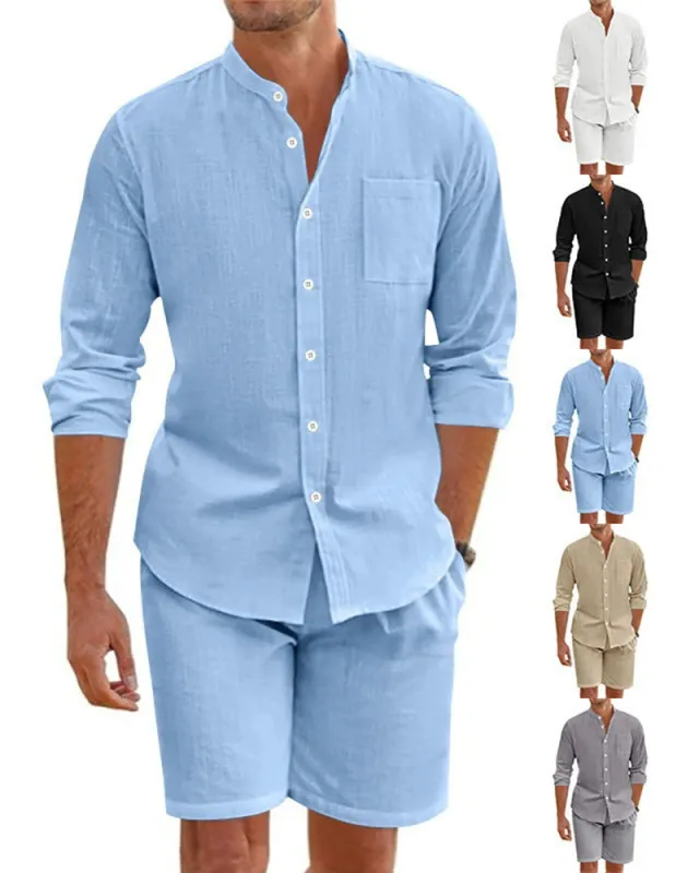 S-3XL Summer Two-Piece Linen Button Long Sleeve Shirt Shorts Set made by Biggmans