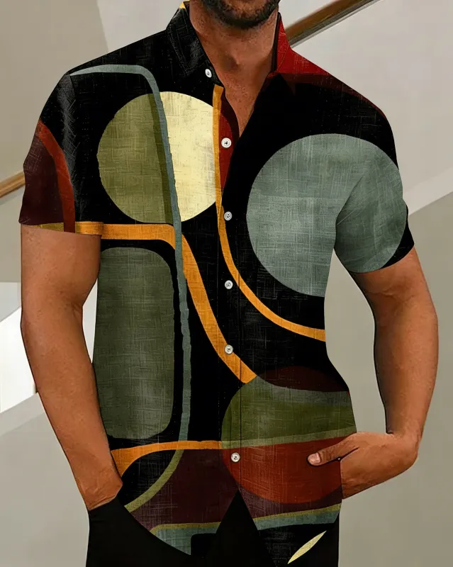 Big & Tall Men's Abstract Geometric Art Print Henry Collar Short Sleeve Shirt made by Biggmans