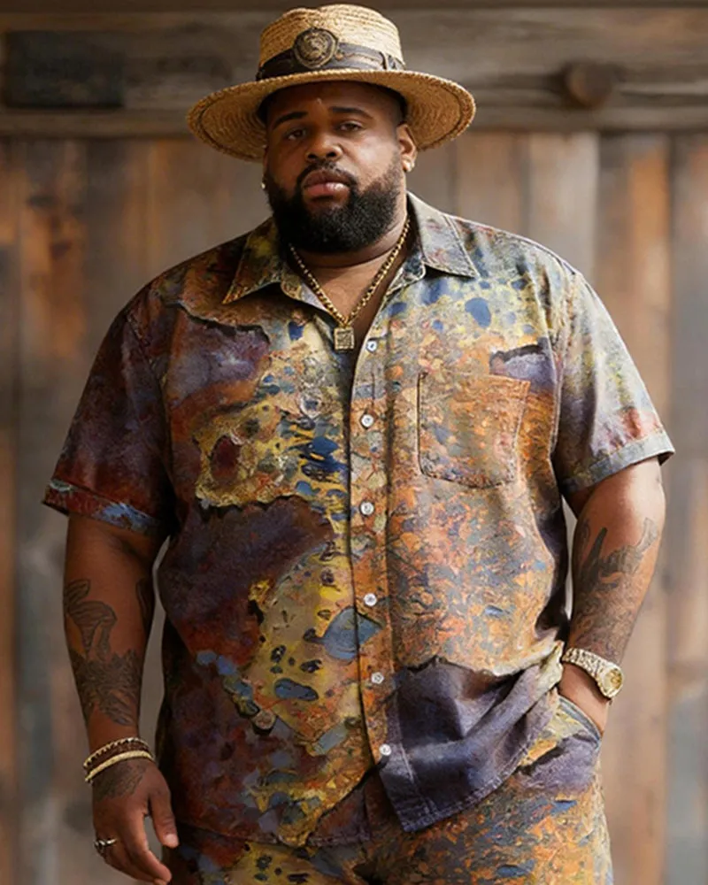 Big & Tall Men's Retro Distressed Tie-dye Color Block Printed Short Sleeve Shirt Shorts Set sold by Biggmans product image thumbnail 5