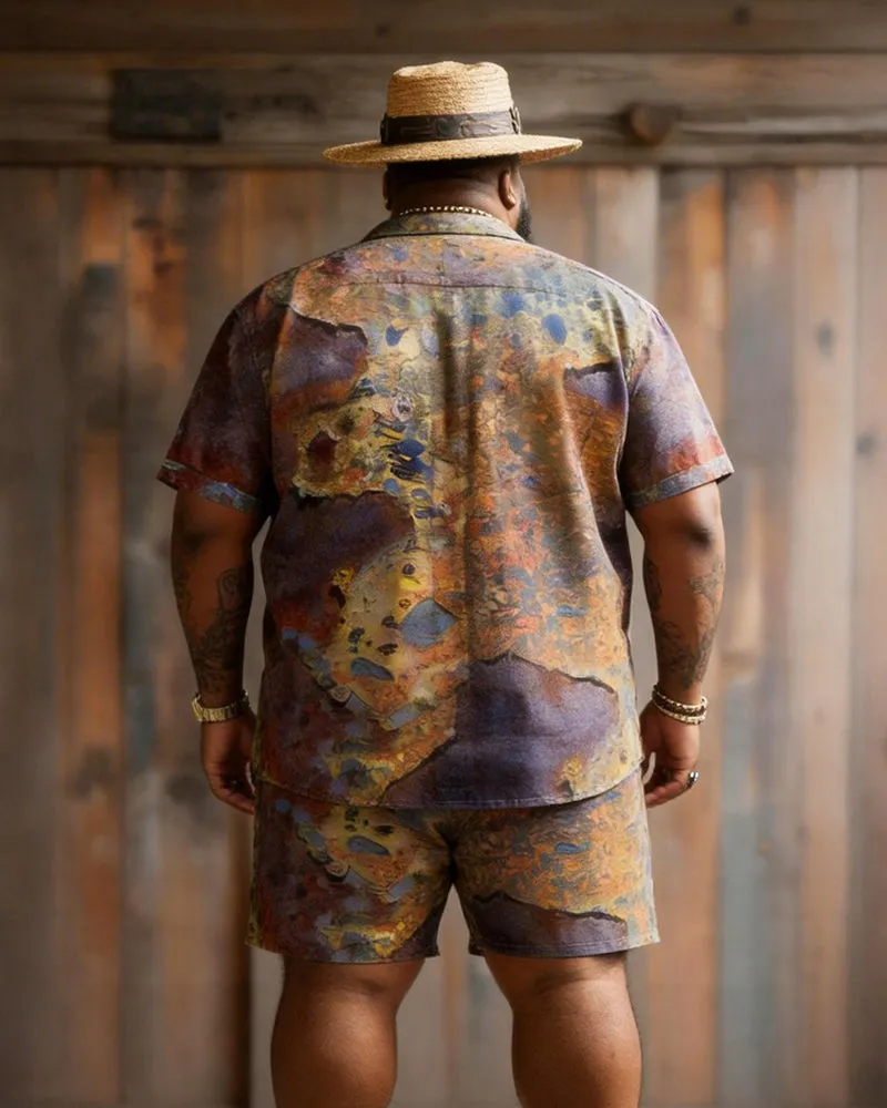 Big & Tall Men's Retro Distressed Tie-dye Color Block Printed Short Sleeve Shirt Shorts Set sold by Biggmans product image thumbnail 4
