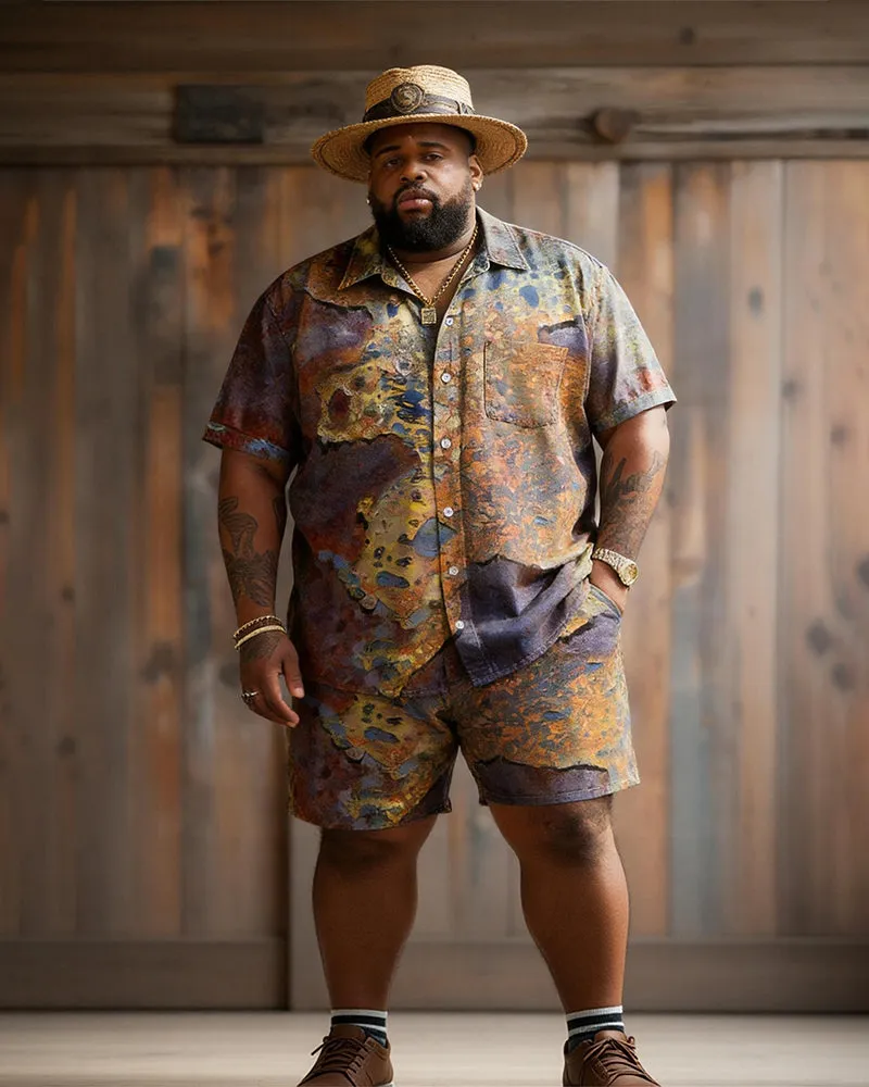 Big & Tall Men's Retro Distressed Tie-dye Color Block Printed Short Sleeve Shirt Shorts Set sold by Biggmans product image thumbnail 2