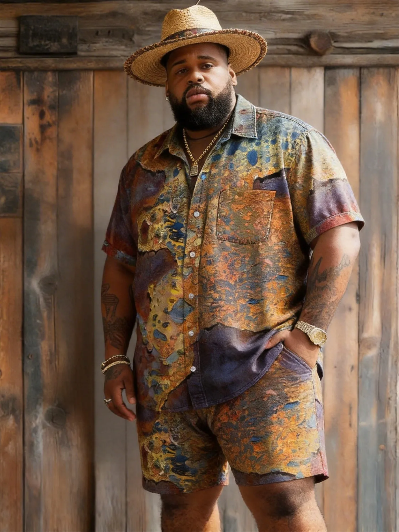 Big & Tall Men's Retro Distressed Tie-dye Color Block Printed Short Sleeve Shirt Shorts Set sold by Biggmans