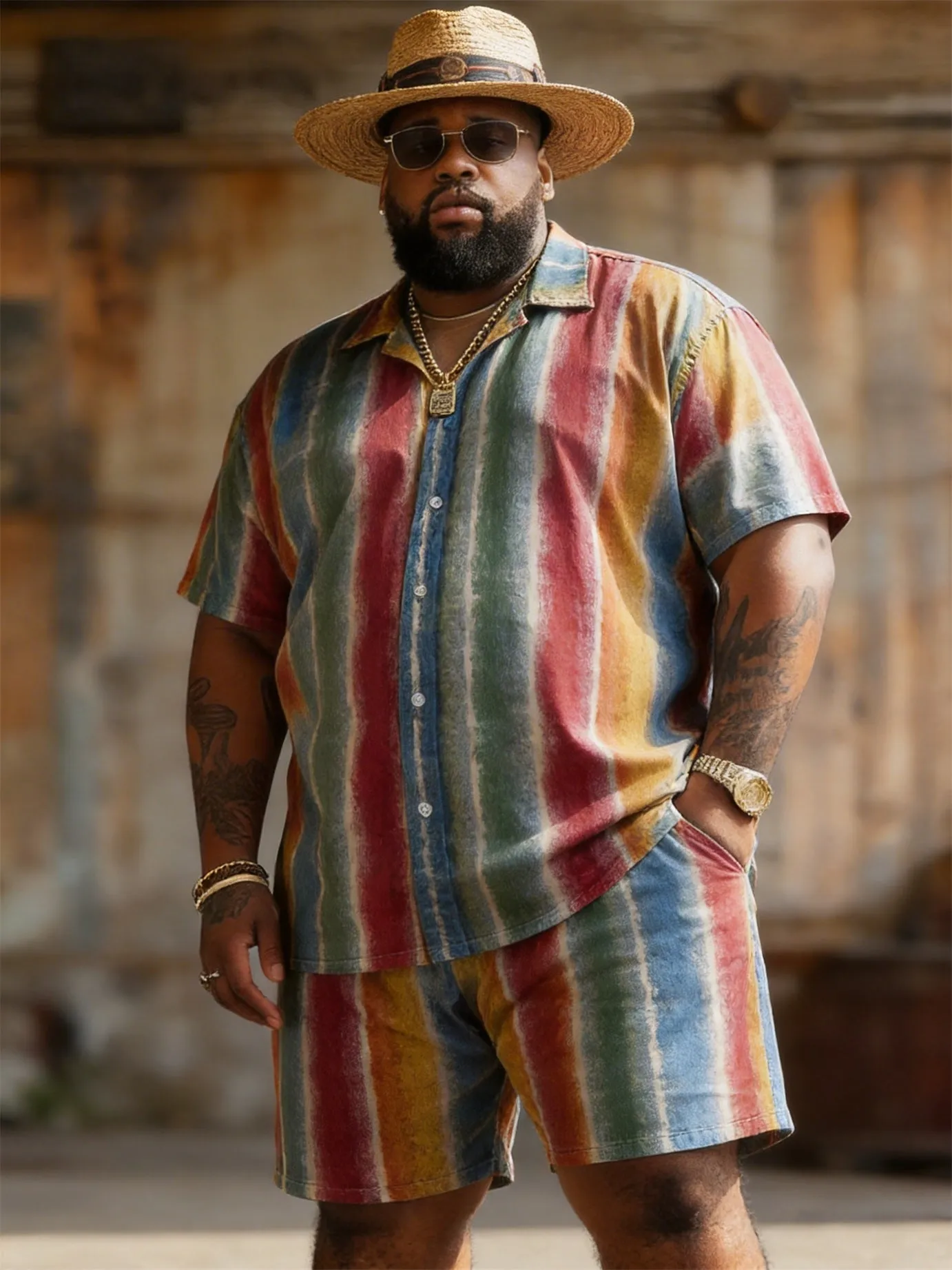 Big & Tall Men's Colorful Vertical Stripe Printed Short Sleeve Shirt Shorts Set sold by Biggmans