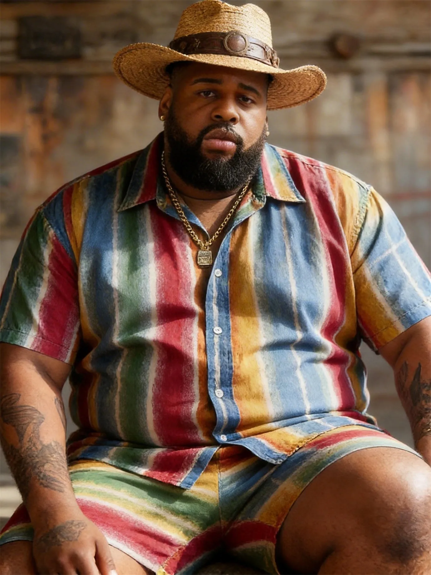 Big & Tall Men's Colorful Vertical Stripe Printed Short Sleeve Shirt Shorts Set sold by Biggmans product image thumbnail 2