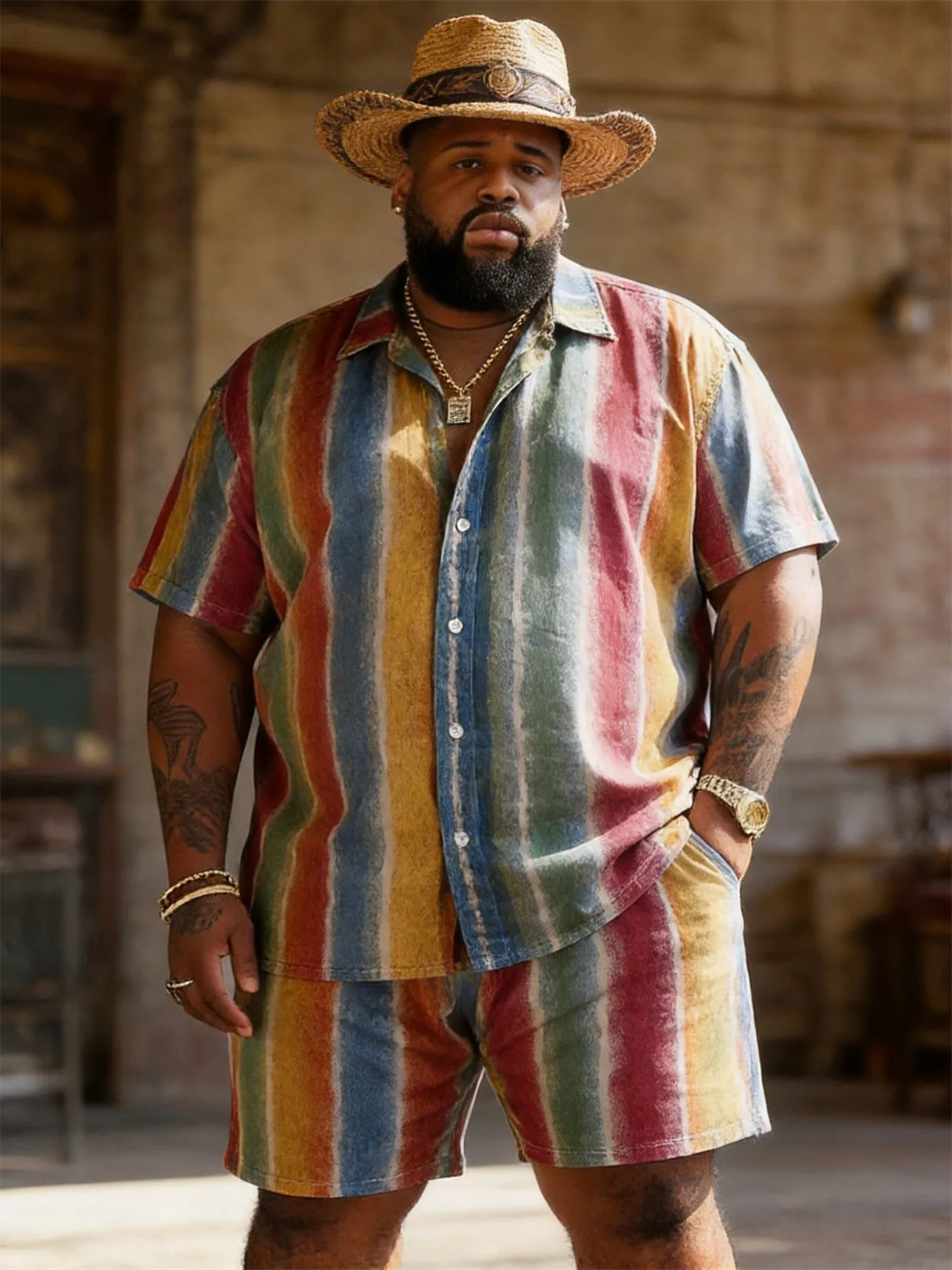 Big & Tall Men's Colorful Vertical Stripe Printed Short Sleeve Shirt Shorts Set sold by Biggmans product image thumbnail 4